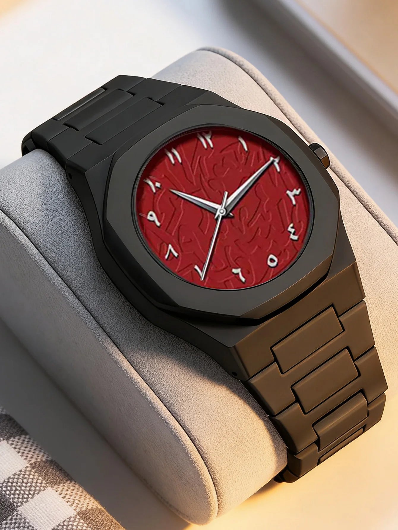 Luxury Arabic Numeral Watch - Matte Black Case, Red Textured Dial, Stainless Steel Band, Minimalist Fashion Wristwatch"