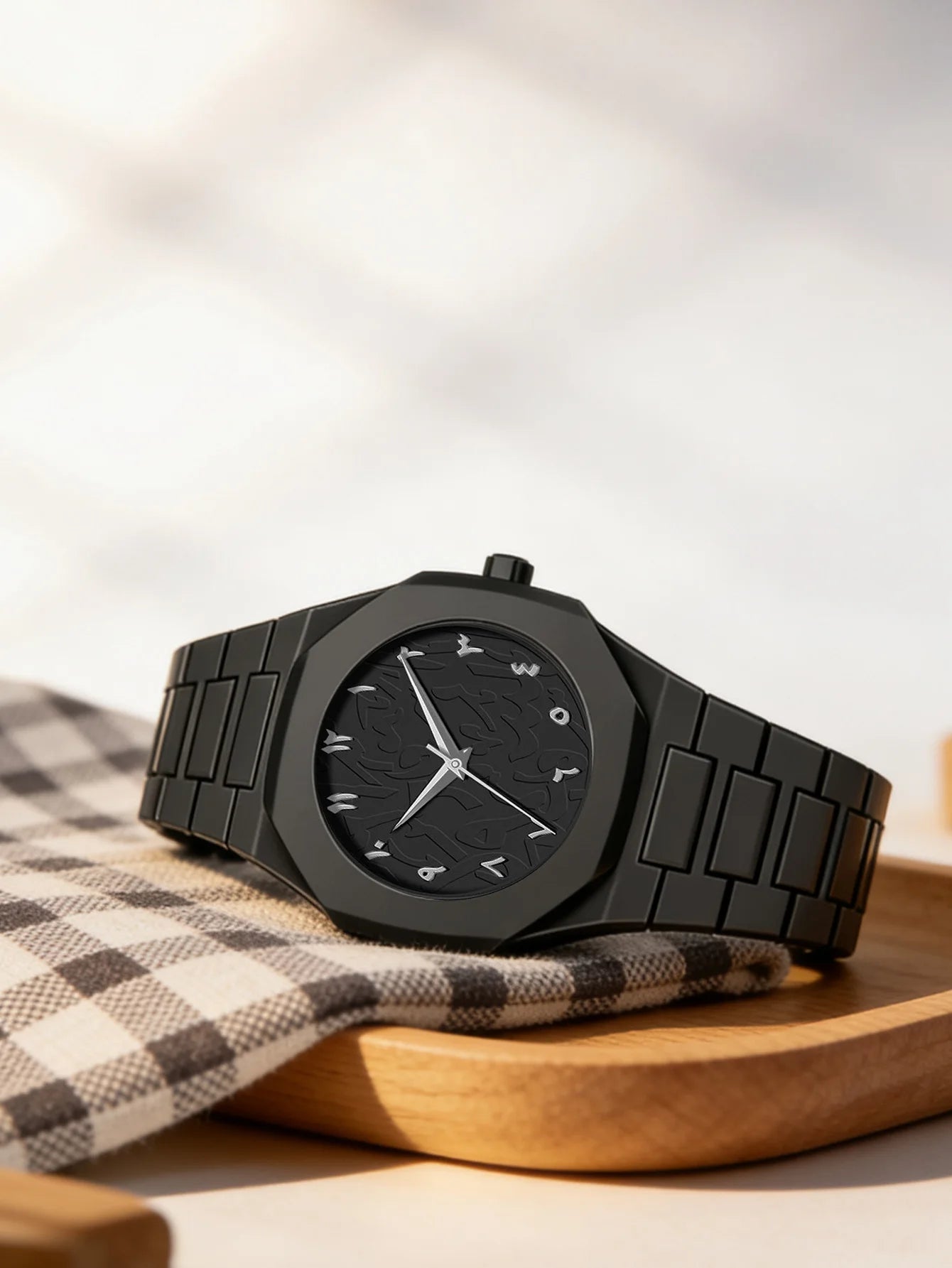 Luxury Arabic Numeral Watch - Matte Black Case, Red Textured Dial, Stainless Steel Band, Minimalist Fashion Wristwatch"