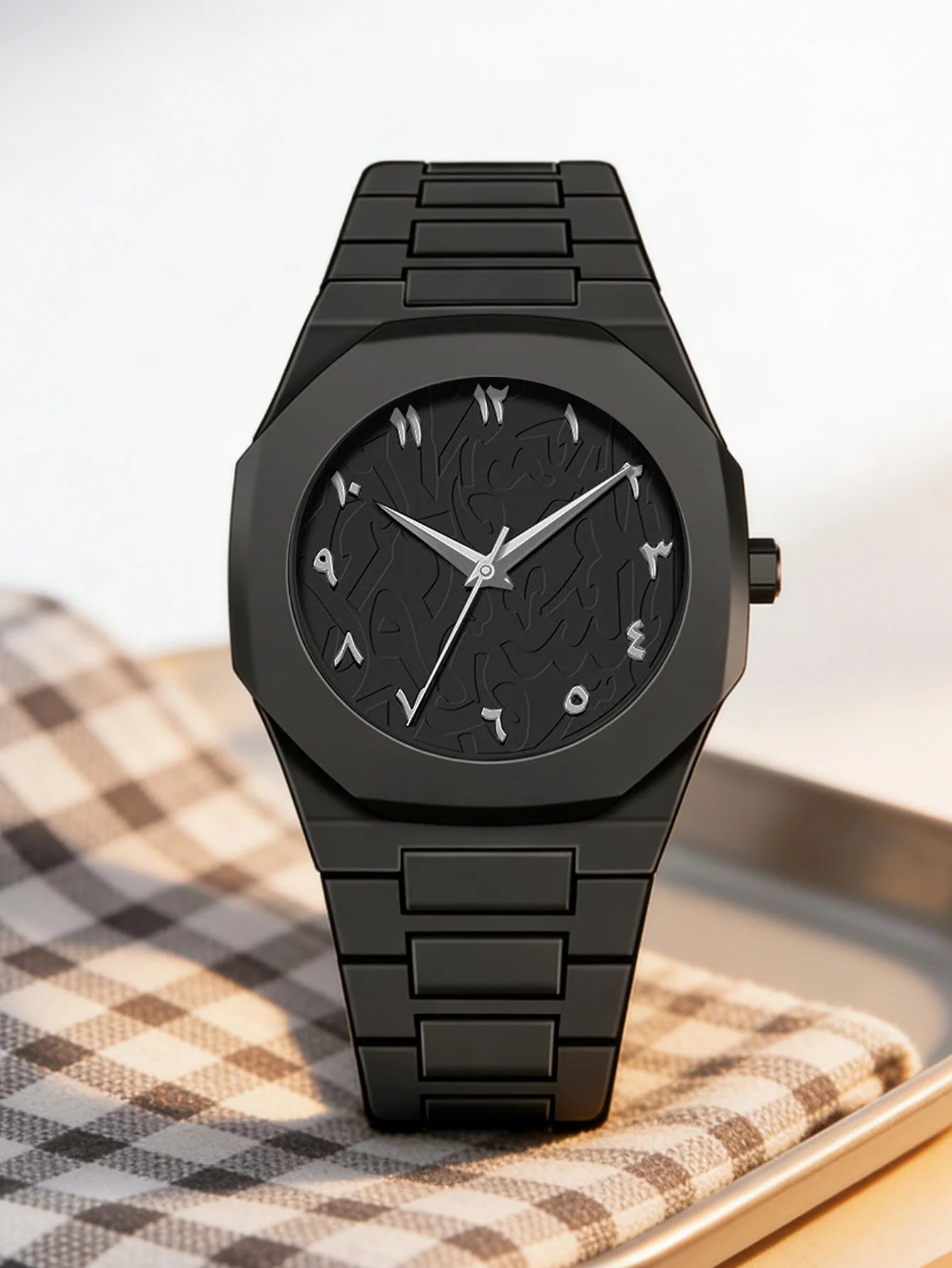 Luxury Arabic Numeral Watch - Matte Black Case, Red Textured Dial, Stainless Steel Band, Minimalist Fashion Wristwatch"