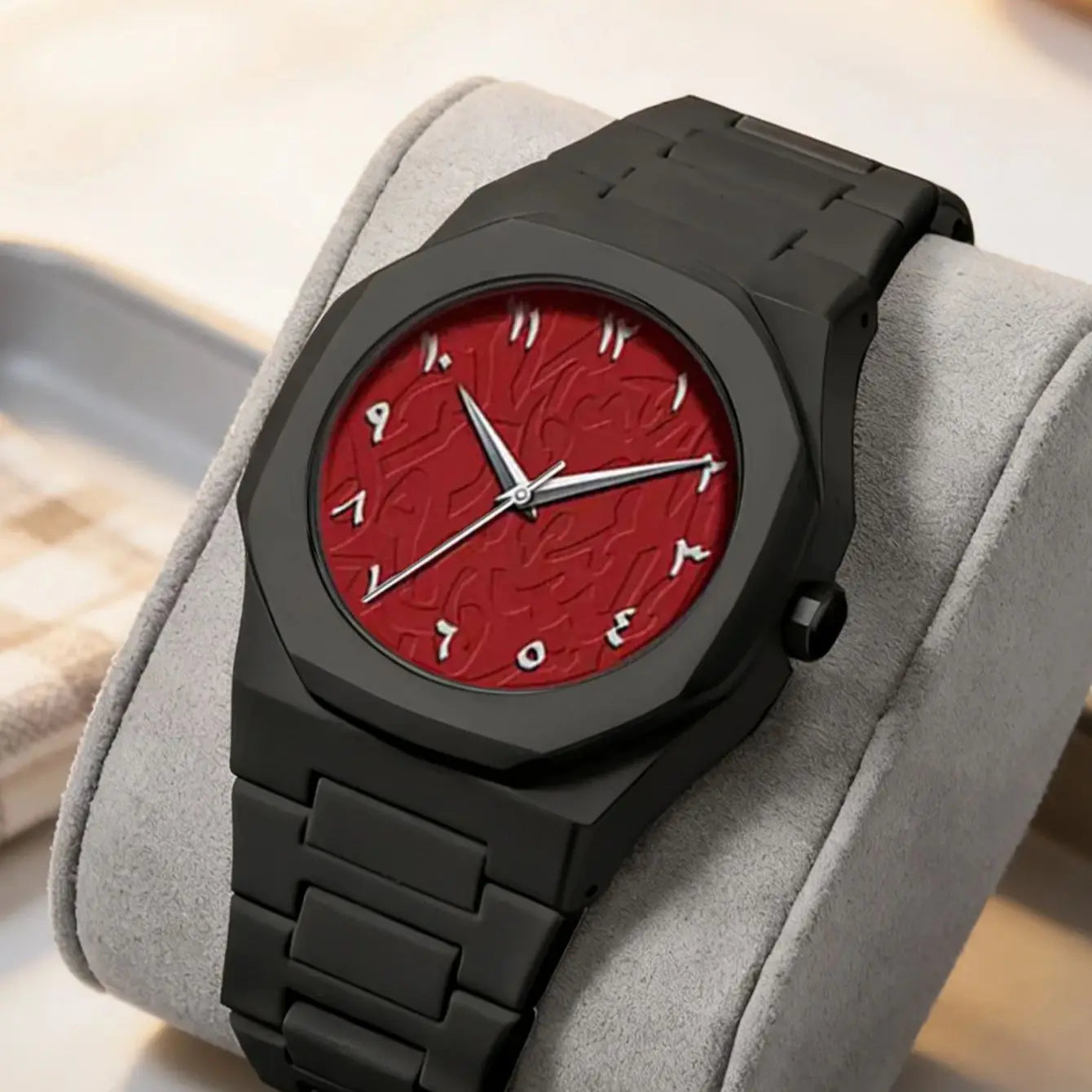 Luxury Arabic Numeral Watch - Matte Black Case, Red Textured Dial, Stainless Steel Band, Minimalist Fashion Wristwatch"