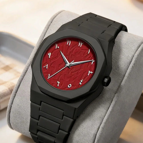 Luxury Arabic Numeral Watch - Matte Black Case, Red Textured Dial, Stainless Steel Band, Minimalist Fashion Wristwatch"